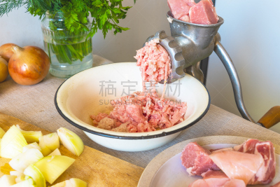 乡村风格,肉末,猪肉,鸡肉,多样,背景,绞肉机,清新,食品,烹调用具