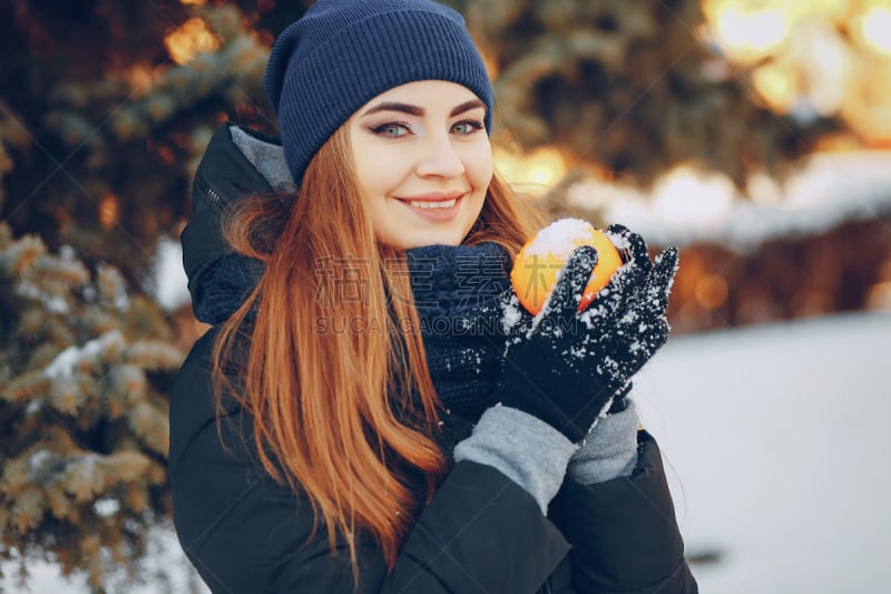 冬天,女孩,城市,棉袄,美,水平画幅,雪,美人,户外