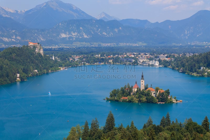 布雷德湖,夏天,岛,水,天空,美,水平画幅,山,julian alps