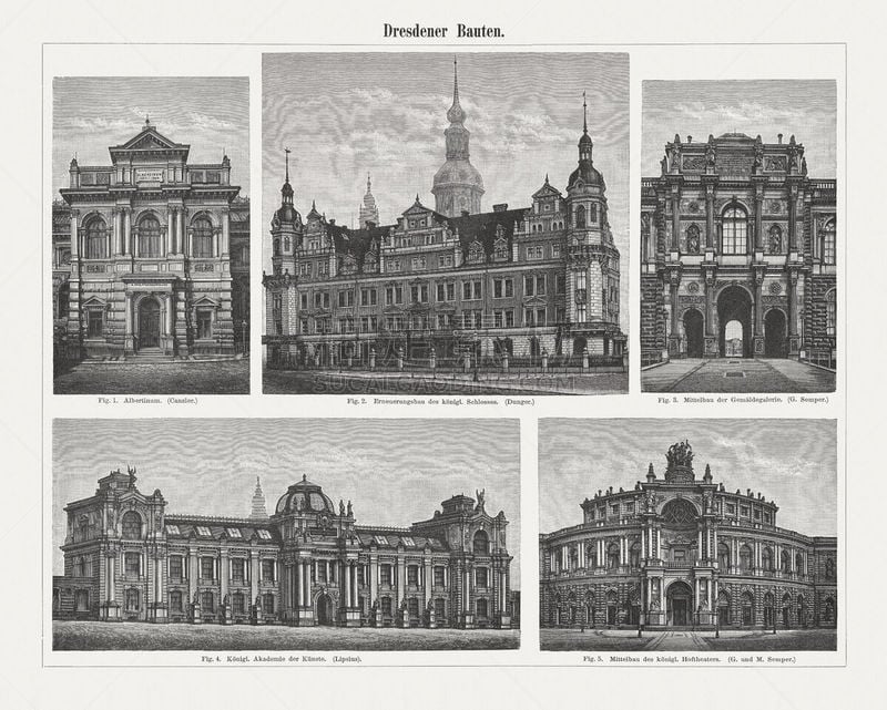 Representative historic buildings in Dresden, Germany, wood engravings, published 1897