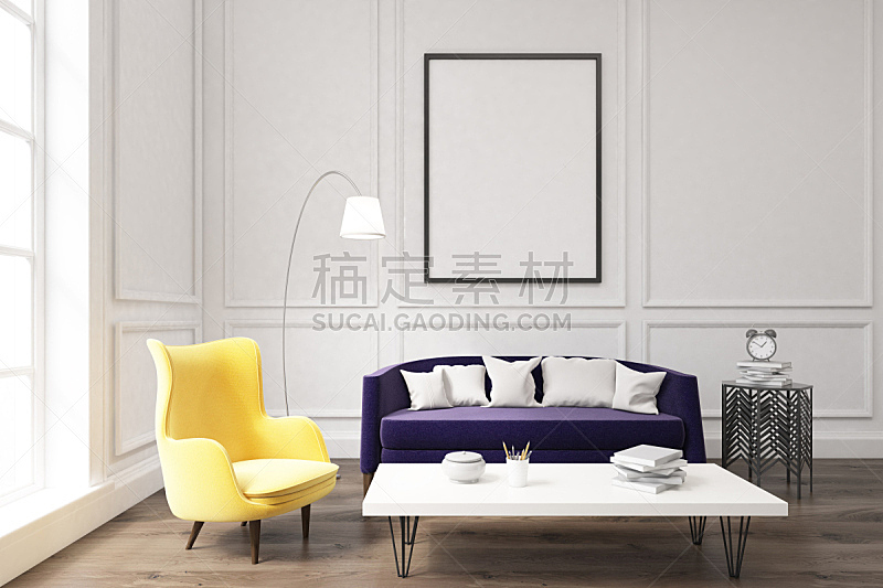 沙发,室内,起居室,紫色,留白,水平画幅,无人,灯,家具,现代
