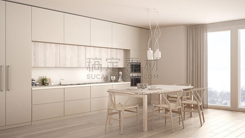 现代,白色,厨房,极简构图,室内设计师,硬木地板,简单,吊灯,开放式设计