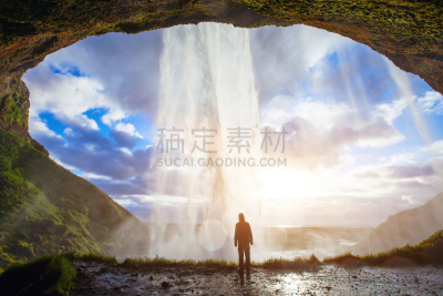 瀑布,冰岛国,地形,自然美,一个人,看,seljalandsfoss waterfall,神迹,水,天空