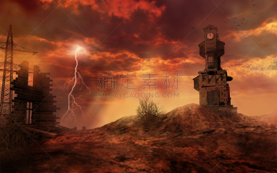钟塔,水平画幅,地形,无人,绘画插图,城市,钟,工业,红色,热