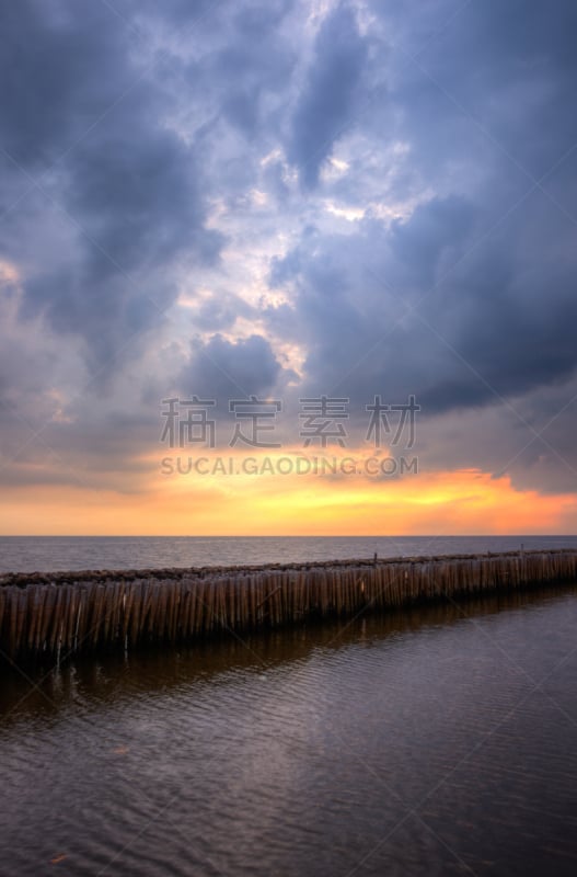 龙仔厝,天空,成一排,黄昏,泰国,海洋,水泥,桥,棍,靠近