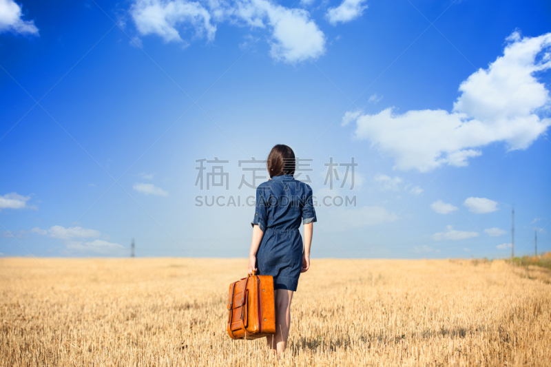 田地,棕色头发,小麦,女孩,天空,美,风,水平画幅,美人,古典式