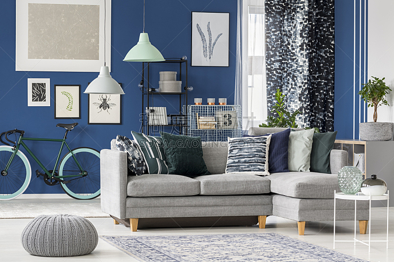 式样,蓝色,起居室,留白,水平画幅,银色,家庭生活,灯,家具,金属