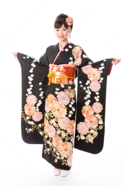 长袖和服,注视镜头,白色背景,女人,衣服,和服腰带,垂直画幅,传统,仅成年人,日本人