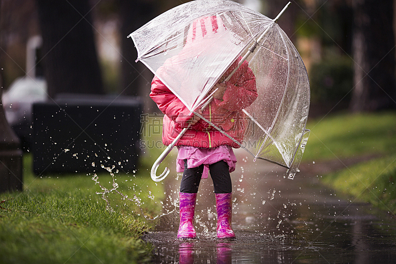 雨,进行中,加利福尼亚,女孩,雨衣,水坑,伞,暴风雨,春天,儿童