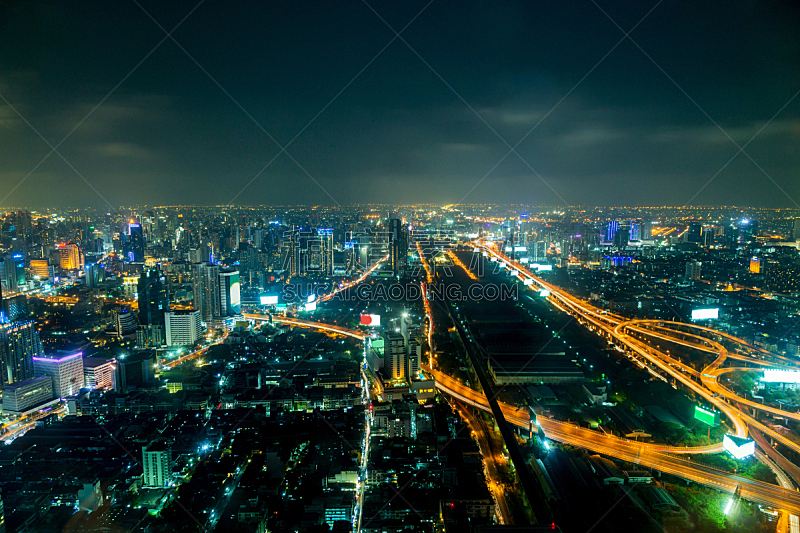 夜晚,城市,曼谷,亚洲,视角,暗色,城镇,全景,泰国,摩天大楼