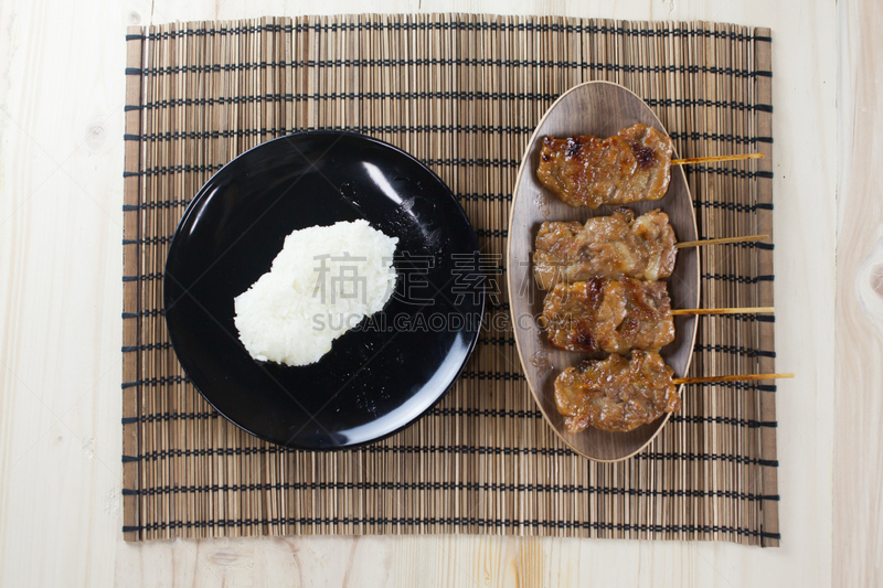 格子烤肉,猪肉,印度香米,沙嗲,香料,米,泰国,烤肉餐,餐具,甜点沙司