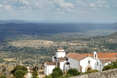 View of a church over the valley in Marvão, Portugal