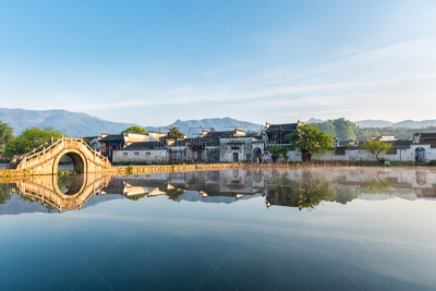 乡村,中国,远古的,早晨,安徽省,池塘,马头墙,湖,户外,天空
