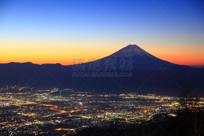 甲府市,富士山,黎明,山梨县,里山,水平画幅,夜晚,火山地形,早晨,纯净
