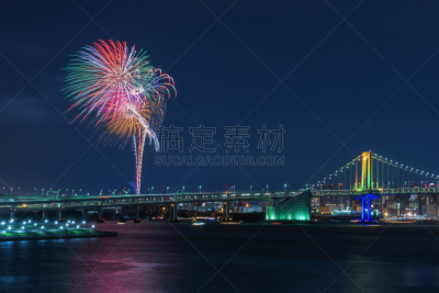 夜晚,焰火,彩虹拱,城市生活,荧光色,海港,著名景点,东京湾,运河,2018