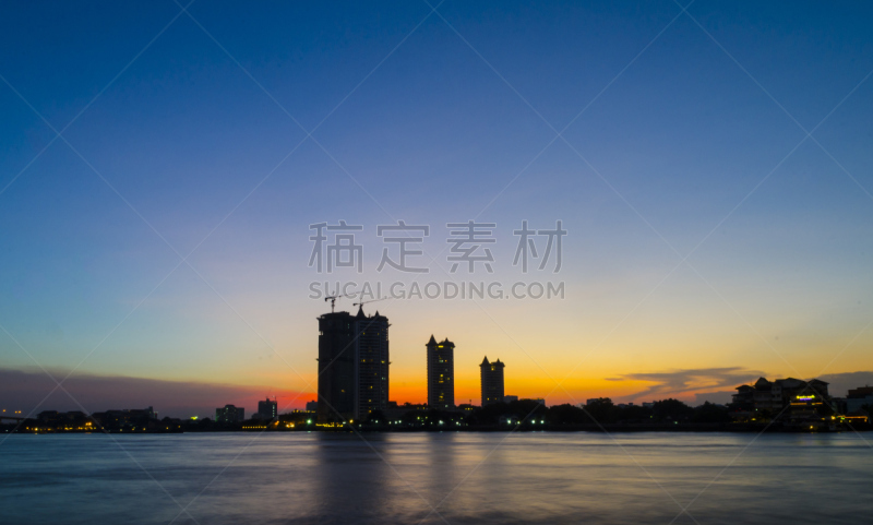 泰国,建筑外部,曼谷,水平画幅,夜晚,无人,户外,滨水,都市风景,城镇