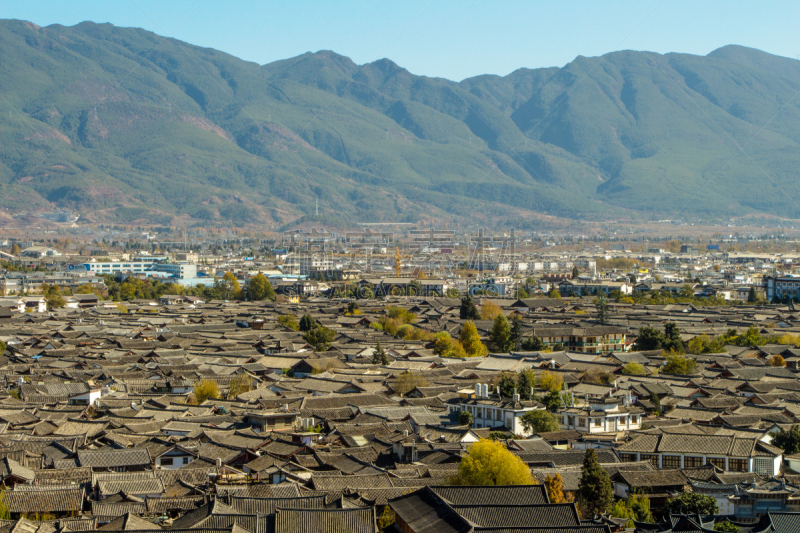 丽江,屋顶,城市,山景城,纳西族,玉器,水平画幅,山,建筑,雪