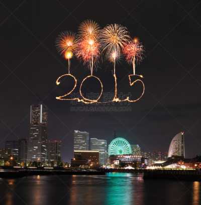 放焰火,新年前夕,横滨,2015年,滨海湾 ,在上面,垂直画幅,水,天空,夜晚