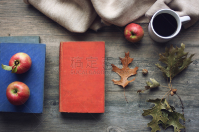 乡村风格,苹果,书,马克杯,秋天,木制,背景,在上面,毯子,黑咖啡