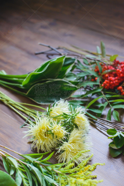 叶子,枝,花束,秋麒麟草属,玉簪属植物,景天属植物,草夹竹桃属,菊花,垂直画幅,办公室