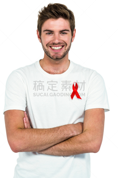 双臂交叉,男人,艾滋病警示丝带,世界艾滋病日,艾滋病,艾滋病病毒,垂直画幅,正面视角,络腮胡子,注视镜头