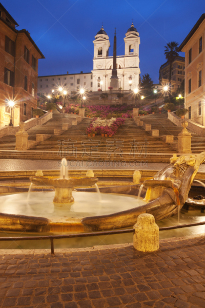 罗马,圣三山教堂,西班牙阶梯,piazza di spagna,垂直画幅,旅游目的地,夜晚,无人,曙暮光,黄昏