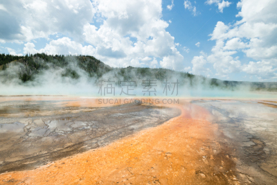 大棱镜泉,黄石公园,水,天空,美国西部,水平画幅,无人,怀俄明,火山地形,聚胞藻属