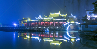 夜晚,寺庙,周庄,胡青,苏州,明朝风格,底片效果,水平画幅,无人,符号