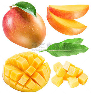 Set of mango fruits, mango slices and leaf.