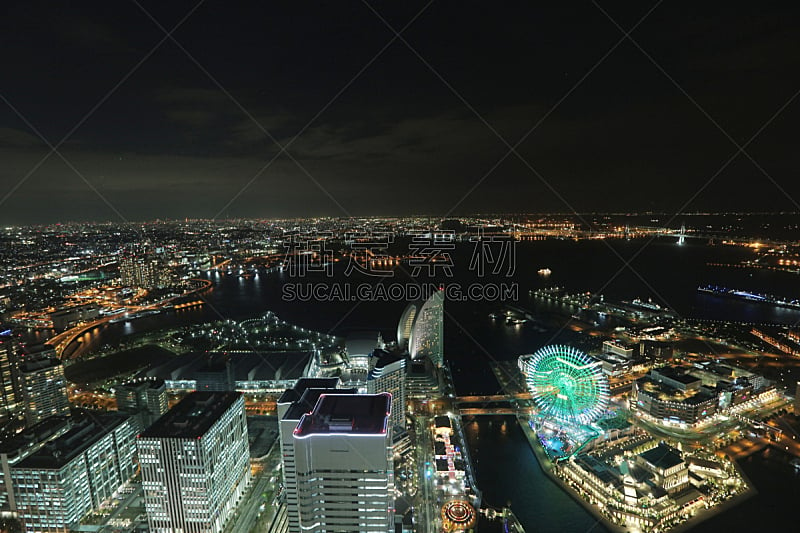 横滨,夜晚,居住区,风景,办公室,水平画幅,地形,樱桃,海港,全景