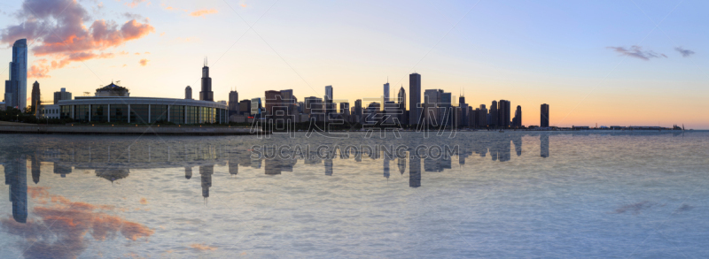 芝加哥市,城市天际线,谢德水族馆,约翰汉科克大厦,威利斯大厦,密歇根湖,五大湖,水,天空,夜晚