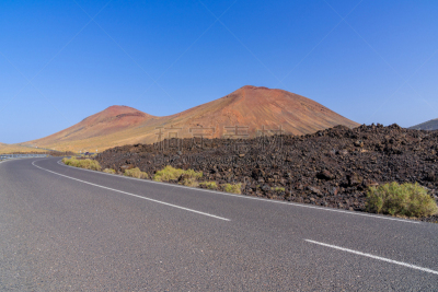 火山,山脉,红色,路,兰萨罗特岛,岛,西班牙,暗色,弯曲,度假