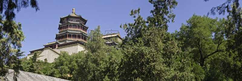 颐和园,北京,全景,宝塔,西班牙王后索菲亚,万寿山,清朝,纪念碑,天空,枝繁叶茂