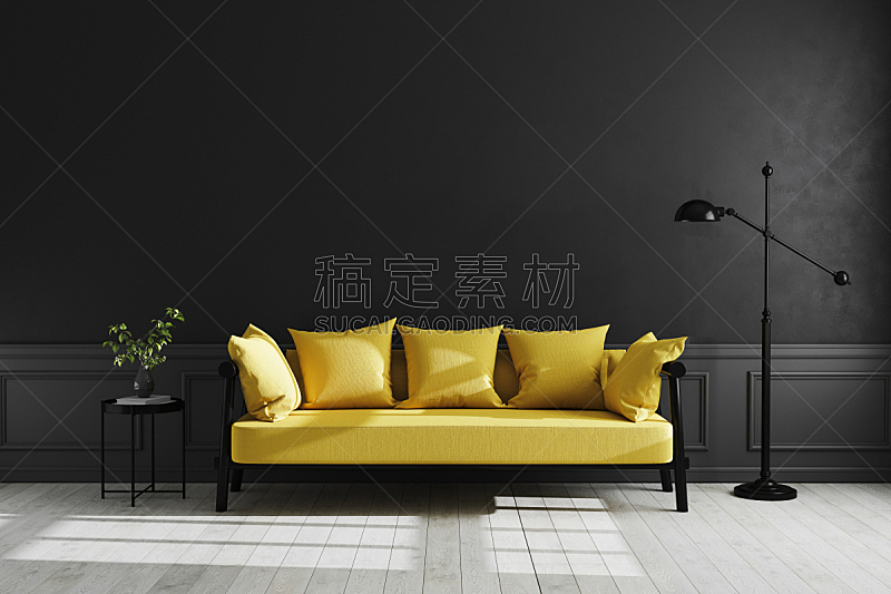 空的,华贵,沙发,色彩鲜艳,背景,起居室,时尚,极简构图,黄色,灯