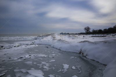 埃文斯顿,海岸线,密歇根湖,天空,水平画幅,雪,无人,偏远的,户外,湖