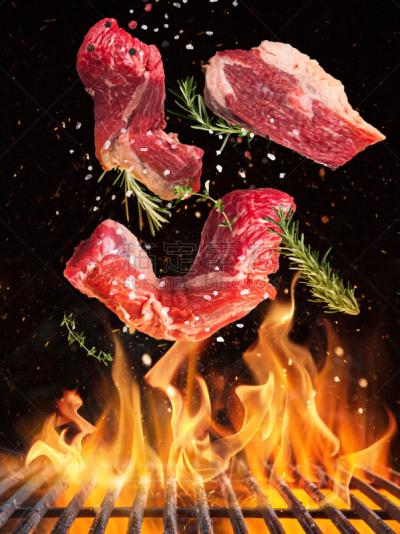 牛排,火,火焰,精神振作,铸铁,金属格栅,在上面,格子烤肉,热,暗色