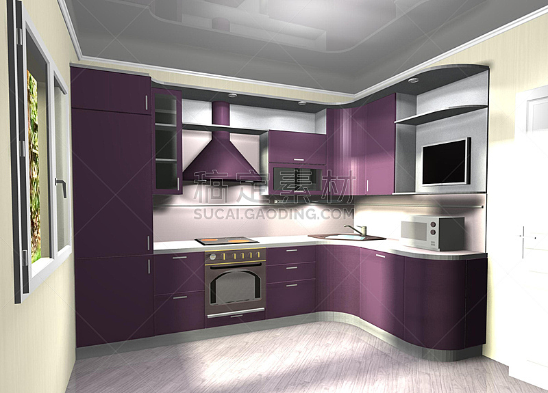 紫色,厨房,极简构图,窗户,住宅房间,灰色,水平画幅,无人,微波炉,天花板