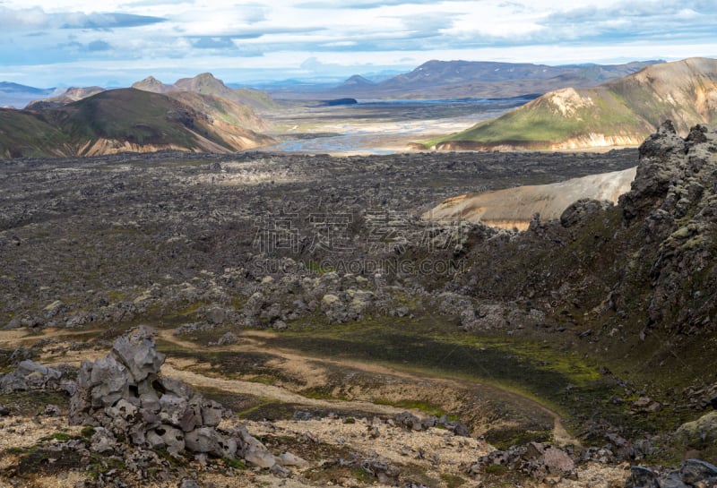 火山,兰德玛纳,fjallabak nature reserve,冰岛国,山,灰色,橙色,雪,草,色彩鲜艳