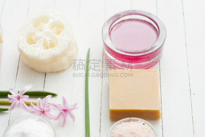 梳妆用品,风信子,留白,彩妆,水平画幅,无人,spa美容,喜马拉雅盐,浴盐,奶油