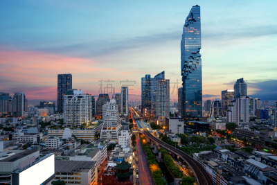商务,泰国,现代,都市风景,曼谷,顶部,建筑外部,黄昏,照明设备,交通