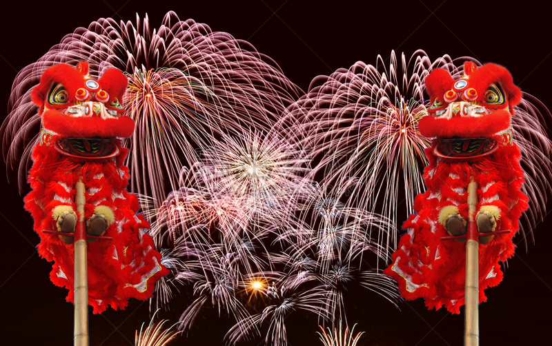 新年前夕,狮子舞蹈,春节,焰火,演出服,特色服装,天空,新的,夜晚,放焰火