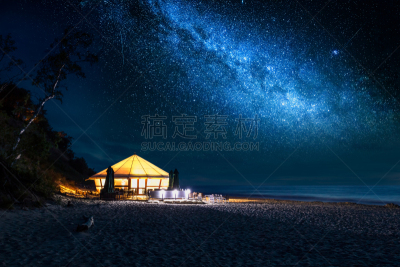 星星,夜晚,海滩,帐篷,天空,美,水平画幅,无人,曙暮光,夏天