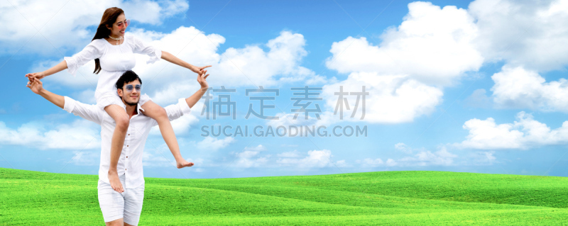 女人,男人,蜜月,自由,浪漫,云,肩,脖子,草,春天