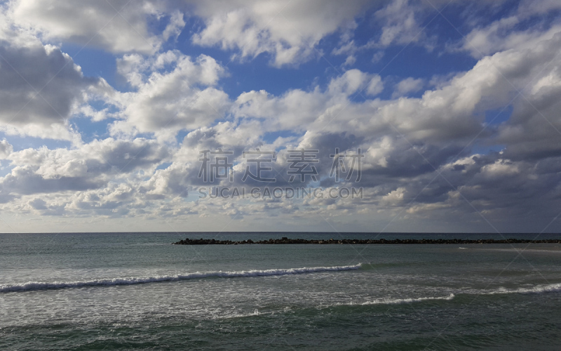 海法,海滩,以色列,地中海,破浪堤,水,天空,水平画幅,无人,夏天