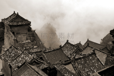 寺庙,道教,武当山,棕褐色调,太极,连栋房屋,小别墅,黑白图片,单色调,过时的