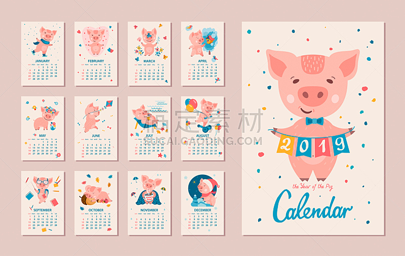 日历,2019,猪年,新的,六月,艺术,九月,五月,绘画插图,传统
