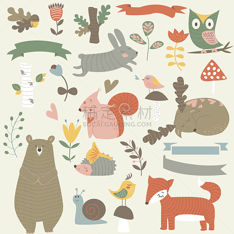 森林,art deco风格,驼鹿,绘画插图,鸟类,古典式,兔子,野外动物,卡通