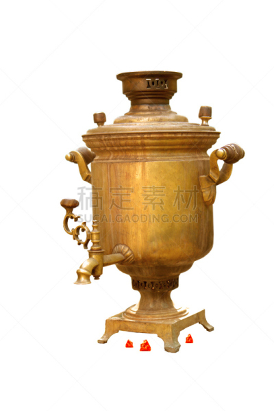 俄式茶壶,垂直画幅,早餐,无人,古老的,白色背景,背景分离,红色,茶,热
