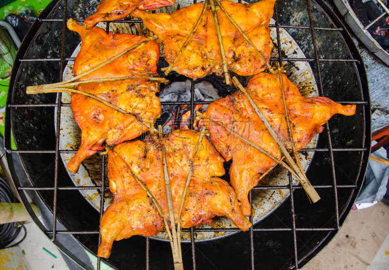 泰国,街头食品,柔焦,图像,格子烤肉,沙嗲,水平画幅,开胃品,膳食,户外