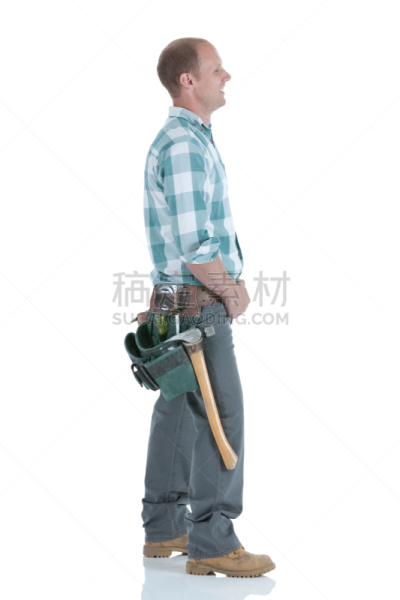 侧面像,木工,垂直画幅,锤子,衬衫,工具带,卷袖,男性,仅男人,不看镜头